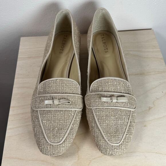 Talbots JANE BOW LOAFERS RIBBON TWEED Cream Preppy Academia Leather 8.5 Leather - Picture 3 of 10